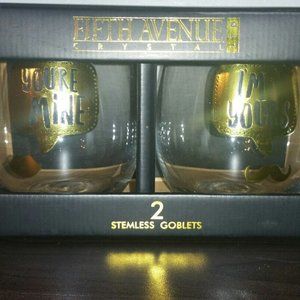 FIFTH AVENUE Crystal Ltd Set of 2 Stemless Goblets "YOU'RE MINE" & "I'M YOURS"